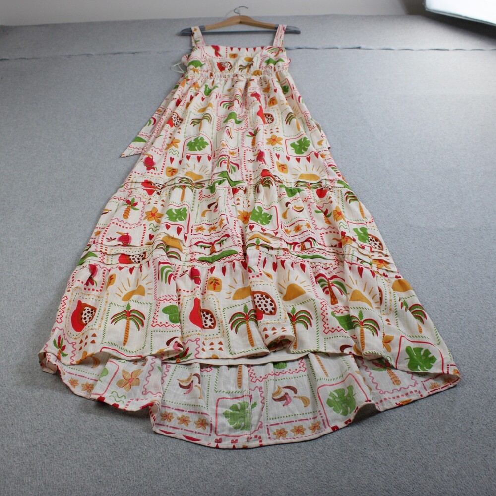 Tropical Dress Women XL White Maxi Back Tie Tiered Parrot Boho Coastal Cruise